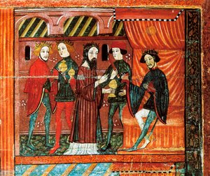 ヘロデ王の前に立つマギの王たち（ベルベル・デ・セルダニーの祭壇画 作： Catalan School