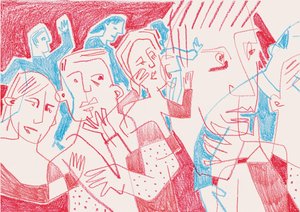 赤と青の表情豊かな人物像