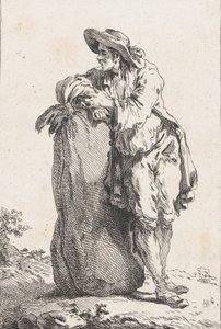 穀物の袋に寄りかかる農民、1758年。 作： Catherine Francoise Beauvarlet