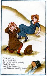 「ジャックとジルは丘を登った」のイラスト、ケイト・グリーナウェイ 1846-1901 作： Catherine Greenaway