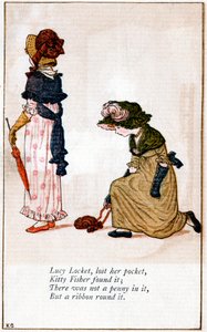 「ルーシー・ロケット、財布をなくした」のイラスト、ケイト・グリーナウェイ 1846-1901 作： Catherine Greenaway