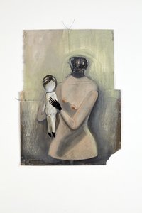Inbetween, 2014（紙コラージュ、綿糸、油彩、グロスペイント）
