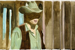 06.09.09 - 落馬の話を聞いたとき、彼は家にいた 2009年 （油彩・紙） 作： キャシー・ロマックス