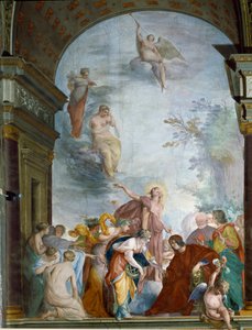 ロレンツォ・デ・メディチ・イル・マニフィコ（ローラン・デ・メディチ・ル・マニフィコ）（1449-1492）の功績を称える「ラ・レノミー」 1635年頃のチェッコ・ブラーヴォ（フランチェスコ・モンテラティチ）（1607-1661）によるフレスコ画 フィレンツェ、ピッティ宮殿、サラ・デッリ・アルジェンティ 作： Cecco  Bravo