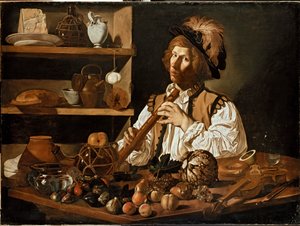 リコーダーを持つ若い男のインテリア 1610-1621年頃 作： Cecco del Caravaggio