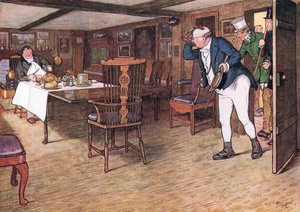 そのテーブルには、この世を去ったかのようなタプマン氏が座っていた（カラーリトグラフ 作： Cecil Charles Windsor Aldin