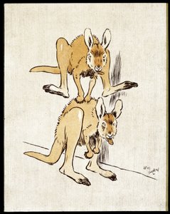 コミックカンガルー。2匹のカンガルーが羊跳びをしています。 作： Cecil Charles Windsor Aldin