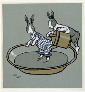 うさぎたちが水を飲んでいる」（『Merry Party』（Cécil Aldin著、Hodder & Stoughton編、ロンドン）より 作： Cecil Charles Windsor Aldin