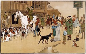 うさぎ狩りの途中で宿に立ち寄る。セシル・アルディン(1870-1935)の水彩画 作： Cecil Charles Windsor Aldin