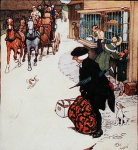 村の入り口で鳴らされる角笛は、一般的な喧騒を生み出す」、Hodder and Stoughton社から出版されたWashington Irving（1783-1859）の「Old Christmas」からの挿絵。 作： Cecil Charles Windsor Aldin