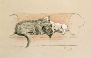 ソファで眠るウルフハウンドとブルテリア（紙にパステル