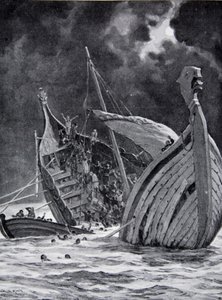 1120年の白船の喪失、「ハッチンソンのイギリス国民の物語」、1923年頃のイラスト 作： Cecil King