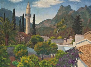 モスクのあるトルコ村、キプロス 作： Cedric Morris