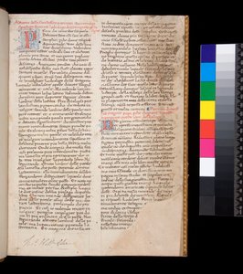 Ms.148グレゴリー大王『イタリア語によるダイアローグ』ドメニコ・カヴァルカ訳 f.1r 赤色で[P]と[D]の文字が装飾され、青色でペンワークの装飾が施されている。 作： Central Italian School
