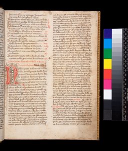 ミス148グレゴリウス大王『イタリア語によるダイアローグ』（ドメニコ・カヴァルカ訳） f.2r 赤インクの装飾文字[N]と茶インクのペンフリッシング 作： Central Italian School
