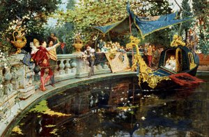 セーザレの出発。イングランド宮廷での娯楽：盆地での船旅。アゴスティーノ・デッティ画（1847-1914 イタリア） 個人蔵