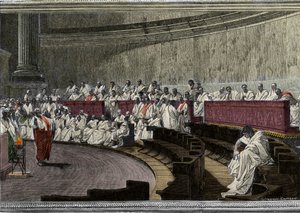 Ciceron denounces the conspirator Catilina (Lucius Sergius Catilina) (108-62 BC) on 8 November 63 BC, The scene deroule in Rome in the Senate, engraved after the fresco made between 1882 and 1888 by Cesare Maccari (1840-1919).ローマ パラッツォ・マダマ。 作： Cesare (after) Maccari