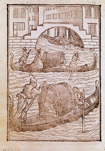 15世紀のヴェネツィアのラグーンに浮かぶゴンドラ Cesare Vecellio (1521-1601) 1590年 Venice Biblioteca Marcianaの「Degli abiti antichi e moderni」からのエングレーヴィング。 作： Cesare (after) Vecellio
