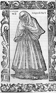 ルネッサンス：教皇ピウス5世（1566-1572）の時代の宮廷女官。チェーザレ・ヴェチェッリオ著「近代および古代の衣装」より抜粋 作： Cesare (attr. to) Vecellio
