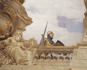 チェーザレ・マリアーニ（1826-1901）によるフレスコ画「イタリアの寓意」の詳細、ローマの財政宮殿「多数派の広間」の天井。イタリア 作： Cesare Mariani