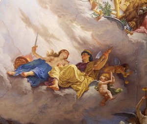 チェーザレ・マリアーニ（1826-1901）によるフレスコ画「イタリアの寓意」の詳細、ローマの財政宮殿「多数派の広間」の天井。イタリア 作： Cesare Mariani