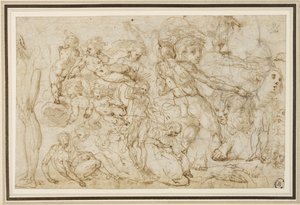 図研究のシート、c。 1600（インクとウォッシュ、鉛筆、白紙にチョーク） 作： Cesare Pollini