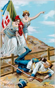 第一次世界大戦：イタリアとフランスが国境を越えてドイツを追いかけるという寓意を描いたポスター。チェーザレ・タローネ（1853-1919）によるイラスト 個人蔵