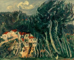 Ch。Soutine、左側の村、右側の樹木