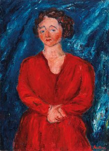 青い背景に赤い服を着た女性、1928年頃。 作： Chaim Soutine