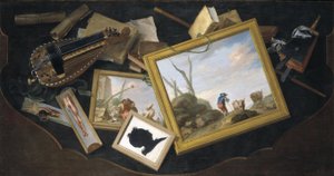 テーブルには絵画やハーディガーディ、本などのだまし絵が散らばっている。 作： Charles Joseph Flipart