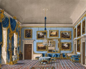 ブルーベルベットのホール、ダニエル・ヘイヴル（1785-1826）のエングレーヴィング、チャールズ・ワイルド（1781-1835）のデザインに基づく、『王室邸宅の歴史』より 作： Charles (after) Wild