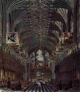 ウィンザー城の聖ジョージ礼拝堂の聖歌隊（「Royal Residences」より）Thomas Sutherland (b.1785)の彫刻、William Henry Pyne (1769-1843)の出版。 作： Charles (after) Wild