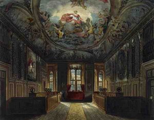 ウィンザー城の女王の衛兵室、Thomas Sutherland (b.1785)の彫刻、William Henry Pyne (1769-1843)の出版による「Royal Residences」より。 作： Charles (after) Wild