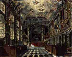 ウィンザー城の王室礼拝堂（Thomas Sutherland（b.1785）が彫刻し、William Henry Pyne（1769-1843）が出版した「Royal Residences」より）。 作： Charles (after) Wild