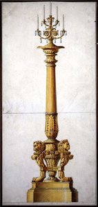 ネオクラシックな燭台のデザイン、1820年頃（紙に水彩、ペン＆インク） 作： Charles (attr. to) Percier