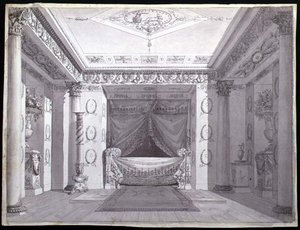 エンパイア・ベッドルームのデザイン」1810年頃（紙にペンとインク、水彩画） 作： Charles (attr. to) Percier
