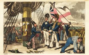 HMS Victoryのクォーターデッキで、スプリング船長がニューカム中尉を補佐官に任命し、剣を渡す 作： Charles (c.1797 1850) (after) Williams