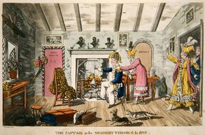 ジョン・ミットフォード（1782-1831）の『海軍におけるジョニー・ニューカムの冒険』から「串を回す尼僧院の大尉」のプレート（カラー・アクアチント）