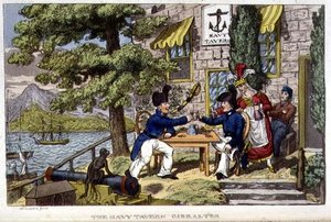 ジブラルタルの海軍酒場、ジョン・ミットフォード（1782-1831）の「海軍におけるジョニー・ニューカムの冒険」からのプレート（1818年）（リトグラフ