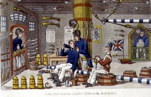 ジョン・ミットフォード（1782-1831）の「海軍におけるジョニー・ニューカムの冒険」から「ビルボーズにおけるニューカムの銃室」のプレート（1818年、リトグラフ）。 作： Charles (c.1797 1850) (after) Williams