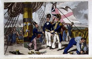 ジョン・ミットフォード（1782-1831）の「海軍におけるジョニー・ニューカムの冒険」から、戦闘前のクォーターデッキ（1818年）のプレート（リトグラフ）。