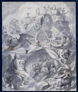 アレゴリー。シャルル・ルブラン（Le Brun）（1619-1690）の工房で描かれたガッシュとウォッシュによる「ヘレシーの勝利の教会、あるいは宗教の勝利」 17世紀 パリ、ルーヴル美術館蔵 作： Charles (studio of ) Le Brun