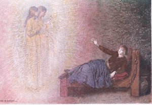 ジャンヌの独房で、ジョージ・ハラップ社発行の「ジャンヌ・ダルクの物語」より 作： Charles A. Buchel