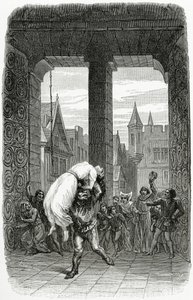 カジモド、エスメラルダを処刑から救う-19世紀のノートルダムドパリのイラスト（bw彫刻） 作： Charles Alexandre Lesueur