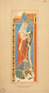 The Virtues Largesce and Debonerete (Largesce) 1819 (紙に浮き上がった金箔のディテールが施された水彩画) 作： Charles Alfred Stothard