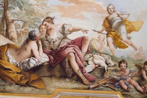 ニンフの中のダイアナの残り、チャールズ・アンドレ・ヴァン・ロー（1705-1765）作、フレスコ画、寝室のアーチ型天井、女王のアパート、ストゥピニージ、ピエモンテ、イタリア 作： Charles André van Loo