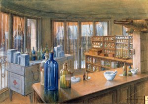 1917年、パリのオランダ軍病院の薬局（紙に鉛筆とチョーク） 作： Charles Andre Igounet de Villers