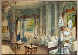 ホテル・アストリアの英国病院の大部屋の様子。チャールズ・イグネット・ド・ヴィレール（1881〜1944）の絵画 作： Charles Andre Igounet de Villers