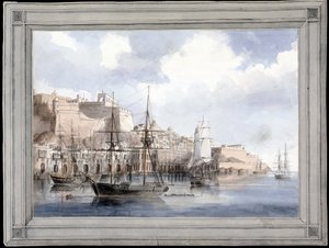 Vue de Malte (View at Malta) (サンタンジェロ要塞のあるヴァレッタの偉大な港) - チャールズ・アンドリュー・ダイス (1816-1853) 作、紙に水彩 (25.1 x 34.9 cm)、1849年頃 - イェール大学 (アメリカ) 作： Charles Andrew Dyce