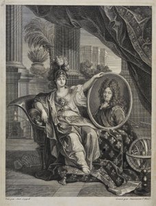 ルイ14世（1638-1715）、フランス王、科学の保護者 - 1703年の「王立科学アカデミーの歴史」に掲載されたアントワーヌ・コイペルの彫刻作品 作： Charles Antoine (after) Coypel